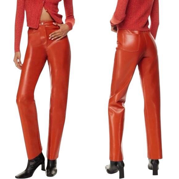 Aritzia Wilfred Melina High-Waisted Vegan Leather Pants 4 Revel Red Orange - Picture 2 of 6